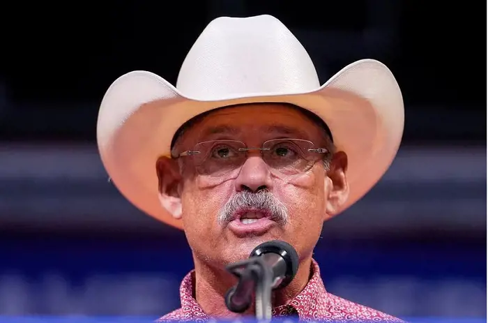 Mark Finchem, a candidate for secretary of state in Arizona, at a Trump rally on July 22.