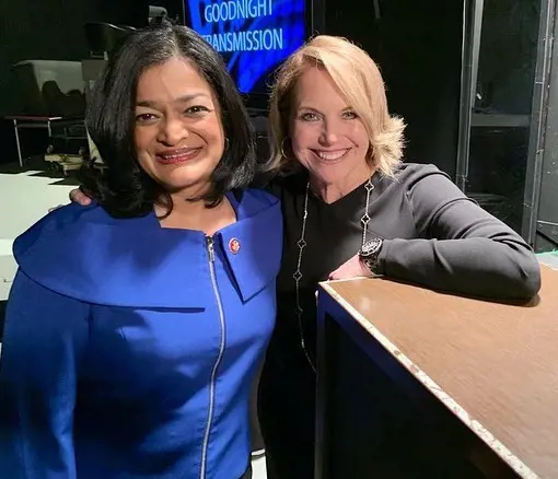 Pramila Jayapal on the set of Real Timers with Bernie Sanders in 2020.