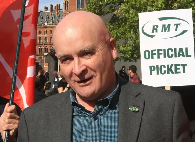 RMT union leader Mick Lynch at the official picket outside Kings Cross station.